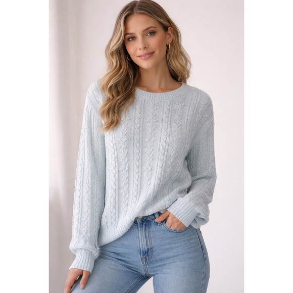Single Thread Sweaters - NWT Single‎ Thread Ice Melt Blue Cable Knit Keyhole Back Sweater Large Winter